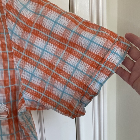 Timberland Mens Shirt XL Short Sleeve Cotton Button Front Orange Plaid - Picture 5 of 10